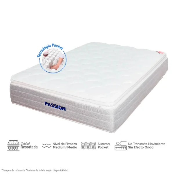 Colchón AO Passion, con Pillow Top superior y resortes Pocket con Firmeza Medium/Media