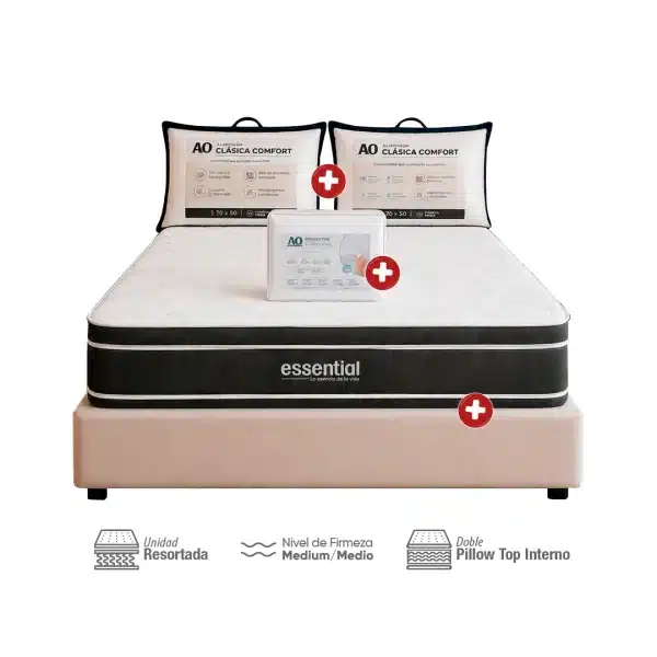 Combo Colchón Essencial Doble 140 x 190cm + Somier 140 x 190cm + 2 Almohadas + Forro protector